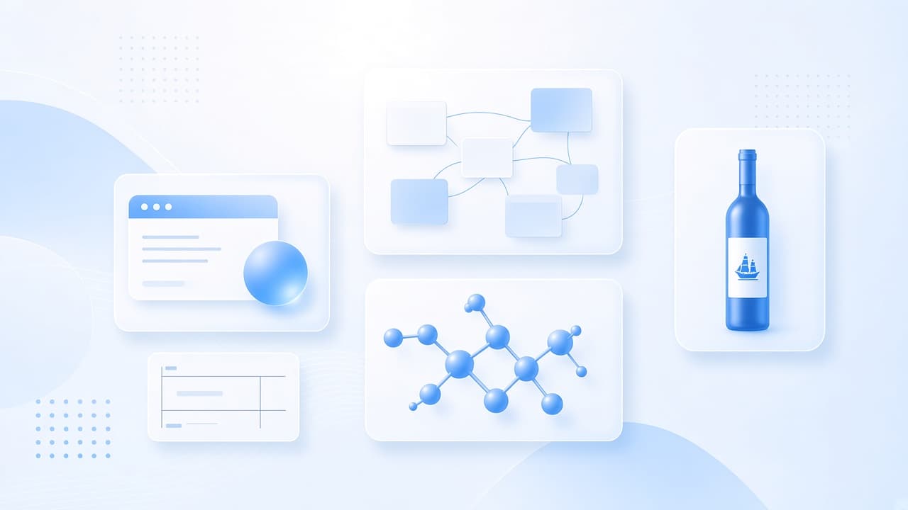 Светло-голубая стеклянная обложка: окно интерфейса, схема из карточек, молекула и бутылка вина с кораблём